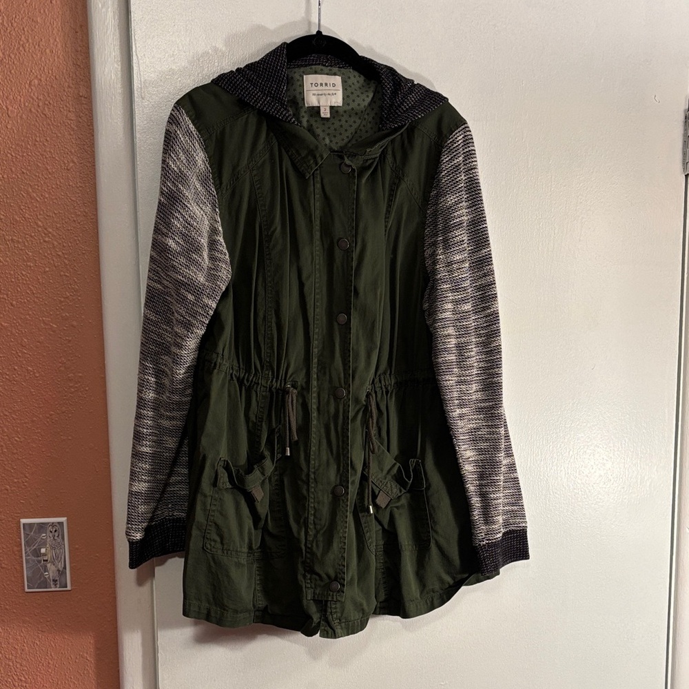 Torrid Olive Utility Jacket with Striped Sleeves